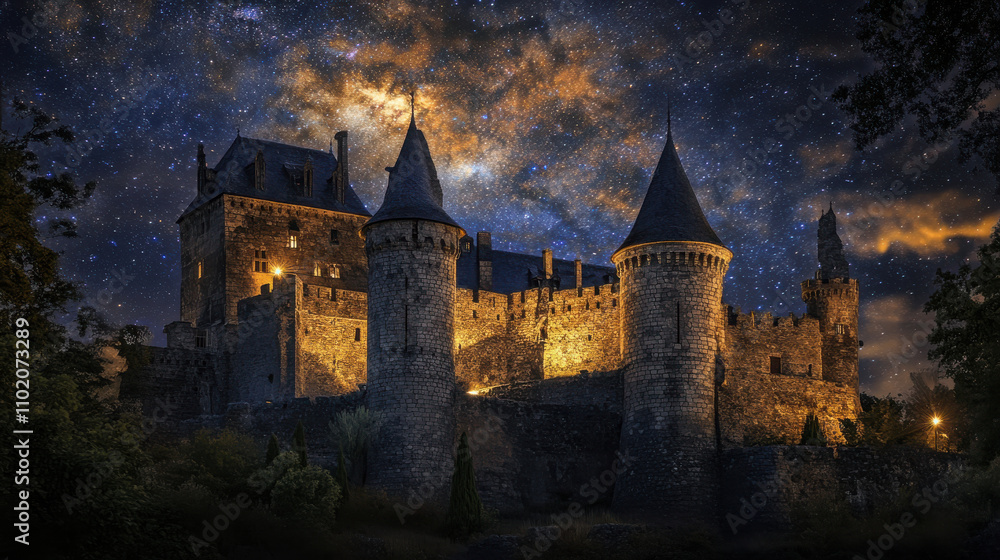 stunning castle illuminated by glowing lights under starry sky stunning castle illuminated by glowing lights under starry sky