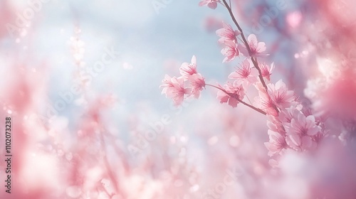 Pink Cherry Blossoms Dream: Soft, pastel pink cherry blossoms in gentle bloom, bathed in soft light, creating a serene and dreamy springtime scene.