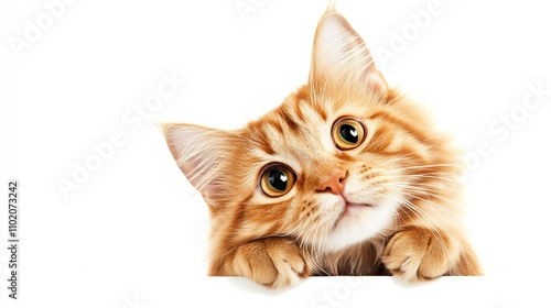 Adorable orange cat with curious eyes, white isolate background photo