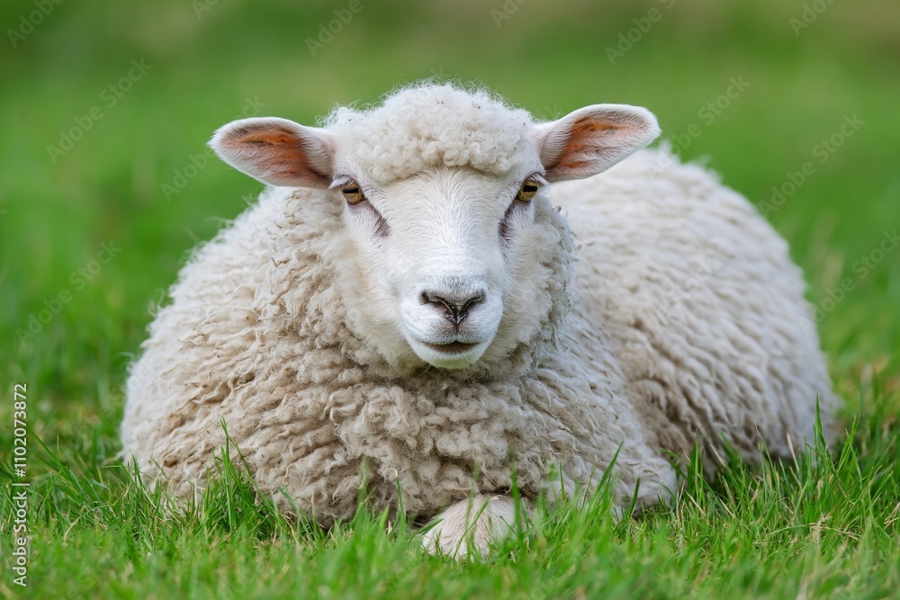 A fluffy sheep lies relaxing on green grass, embodying peace and nature's charm in the countryside. A fluffy sheep lies relaxing on green grass, embodying peace and nature's charm in the countryside.