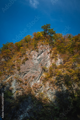 Geibikei gorge valley Japan, travel destinations in autumn or fall season, color of leaf in yellow, orange and green. Nature and mountain attraction view. floating activity. Japan sightseeing.