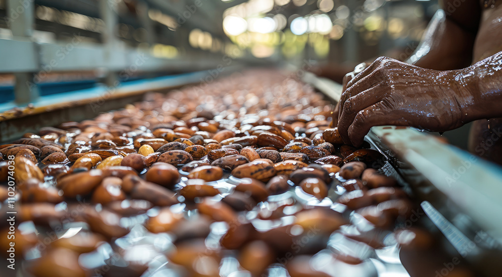 A large transparent glass tank filled with warm water in which cocoa beans float. The water is slightly cloudy to reflect the cleaning process. A large transparent glass tank filled with warm water in which cocoa beans float. The water is slightly cloudy to reflect the cleaning process.