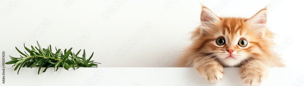 Curious orange cat peeking over a shelf with green rosemary, white isolated background. Curious orange cat peeking over a shelf with green rosemary, white isolated background.