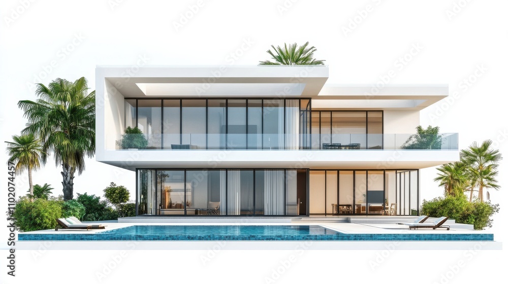 Fototapeta premium Modern villa with pool surrounded by palm trees in a sunny tropical setting