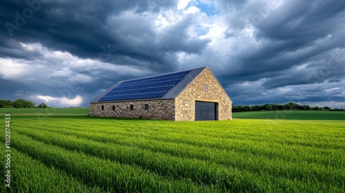 Rustic Stone Barn with Solar Panels in Lush Green Field Under Dramatic Cloudy Sky