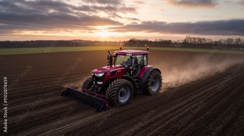 Modern Tractor Plowing Field at Sunset: Agricultural Technology Advancing Sustainable Farming Practices Modern Tractor Plowing Field at Sunset: Agricultural Technology Advancing Sustainable Farming Practices