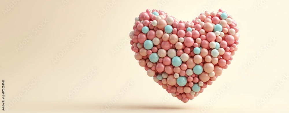 Colorful 3D Heart Shape Made of Vibrant Balls in Soft Pastel Tones with Light Background Creating a Playful and Whimsical Atmosphere for Decoration or Love Themes Colorful 3D Heart Shape Made of Vibrant Balls in Soft Pastel Tones with Light Background Creating a Playful and Whimsical Atmosphere for Decoration or Love Themes