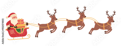 Santa Claus in red sleigh with colorful gift boxes rides on reindeer. Xmas character with sledge, presents and deers. Christmas and New Year celebration. Vector flat illustration isolated on white