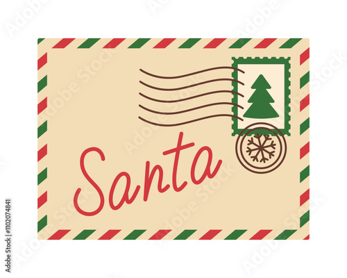 Envelope with letter to Santa Claus. Paper envelope with postage stamp with Christmas tree and seals. Xmas delivery. Vector flat illustration isolated on white background