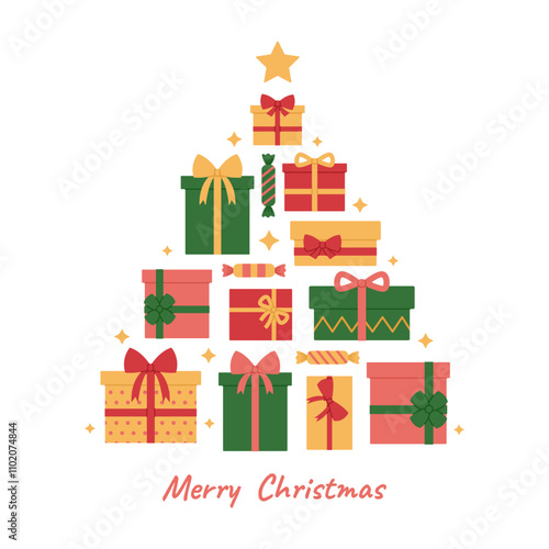 Christmas tree formed from colorful gift boxes with ribbons and bows, candies and stars. Stack of presents in shape of tree. Merry Christmas greeting card, banner or poster. Vector flat illustration