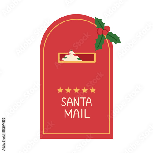 Santa Claus mailbox with envelope inside. Traditional red post box with stars and holly. Christmas letters delivery. Vector flat illustration isolated on white background