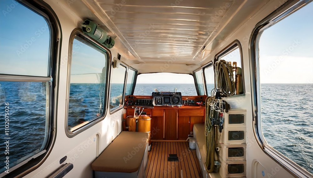 Fototapeta premium Inside a Fishing Boat with Storage and Equipment 
