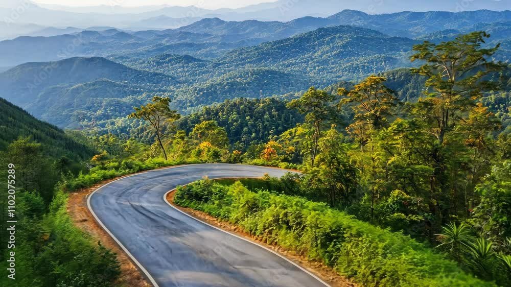 Scenic winding road through lush mountains in the early morning light Scenic winding road through lush mountains in the early morning light