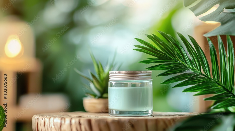 Relaxing aromatherapy event home spa product display greenery close-up wellness and serenity