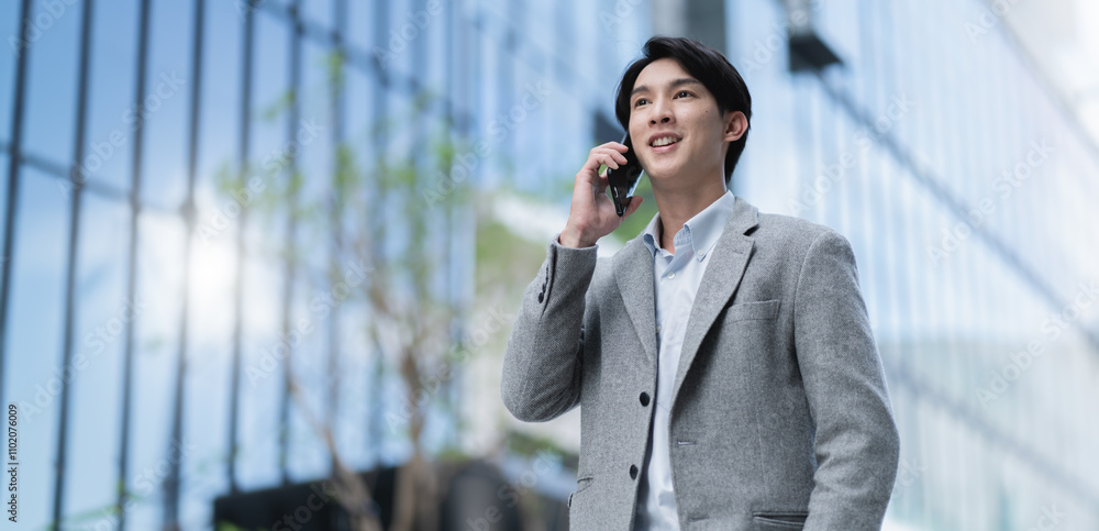 smiling happy successful asian businessman or lawyer in gray suit and blue shirt calling with his phone near his ear standing in front of an office building.Successful businessman holding mobile phone smiling happy successful asian businessman or lawyer in gray suit and blue shirt calling with his phone near his ear standing in front of an office building.Successful businessman holding mobile phone