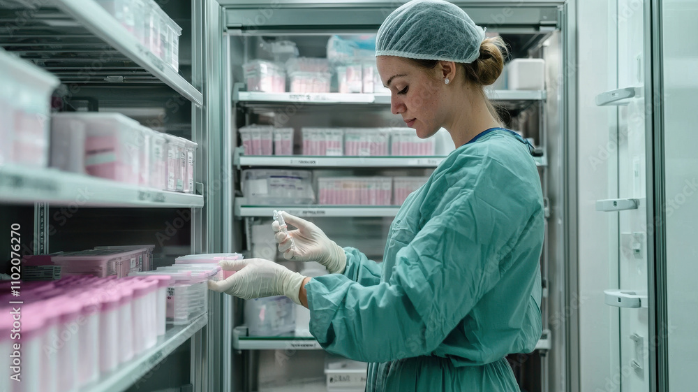 healthcare worker in scrubs and gloves organizes medical supplies in sterile environment, focusing intently on her task. setting is well organized medical storage area healthcare worker in scrubs and gloves organizes medical supplies in sterile environment, focusing intently on her task. setting is well organized medical storage area