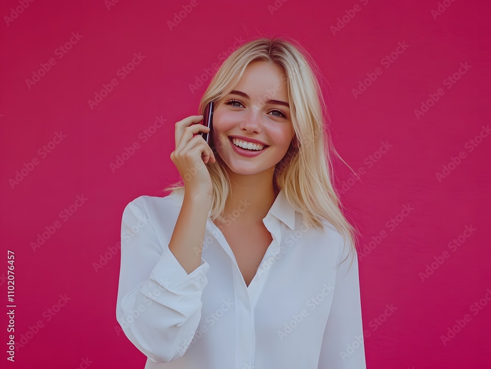 A young blonde woman in a white shirt is smiling while talking on her phone. She stands against a vibrant pink background A young blonde woman in a white shirt is smiling while talking on her phone. She stands against a vibrant pink background