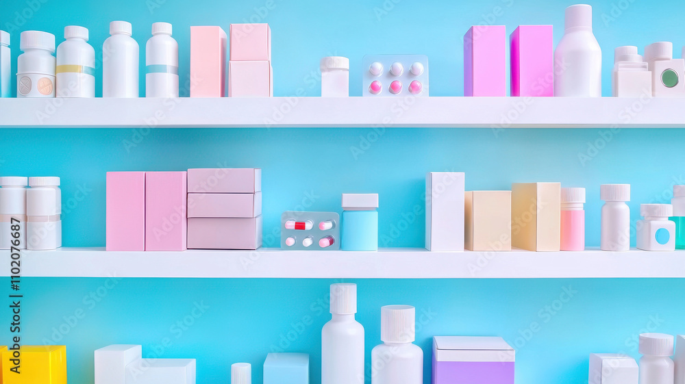 Organized pharmacy shelves display various medical supplies and colorful packaging against bright blue background, creating clean and modern aesthetic Organized pharmacy shelves display various medical supplies and colorful packaging against bright blue background, creating clean and modern aesthetic