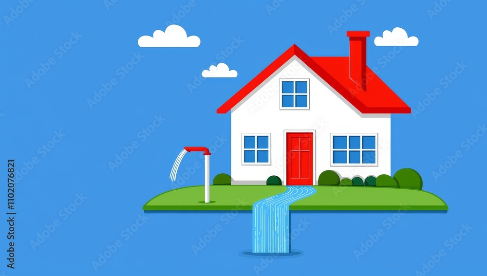 With gushing water, a cartoon house flooding symbolizes urgent plumbing repairs. With gushing water, a cartoon house flooding symbolizes urgent plumbing repairs.