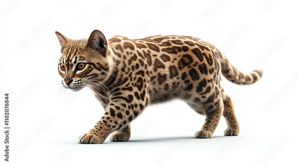 Leopard cat walking elegantly on a white isolated background. Leopard cat walking elegantly on a white isolated background.
