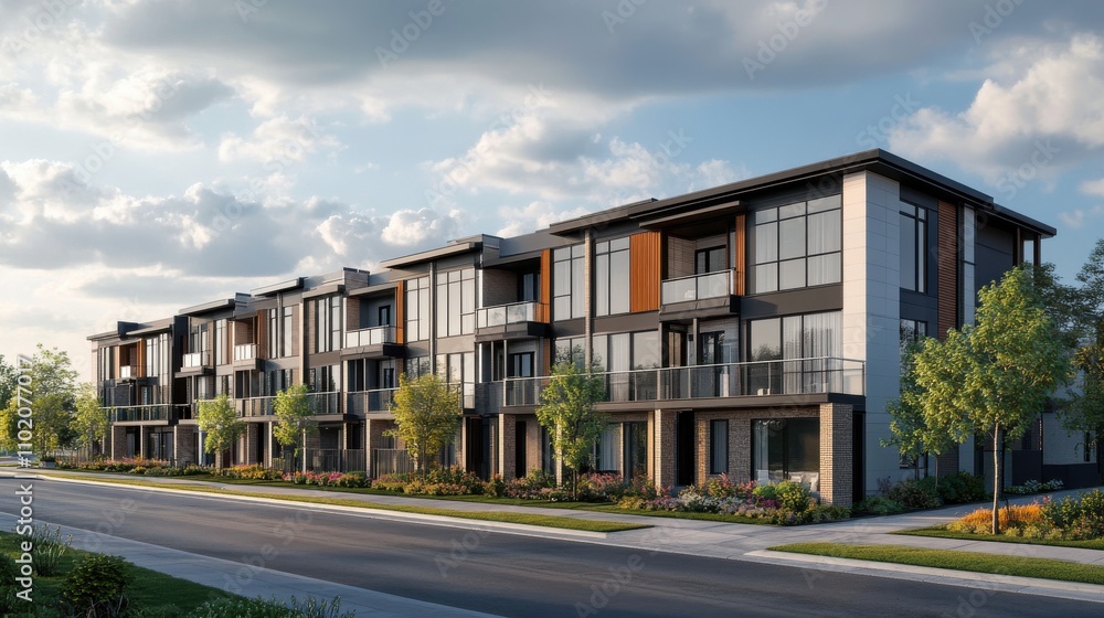 Modern residential complex on a sunny day with landscaped surroundings Modern residential complex on a sunny day with landscaped surroundings