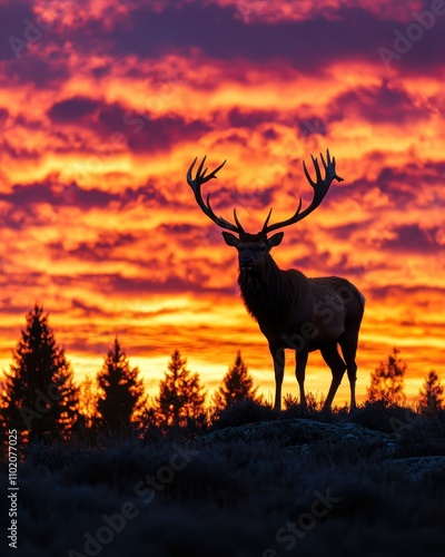 Majestic Red Deer Silhouetted Against a Fiery Sunset Sky in a Mountainous Forest Landscape