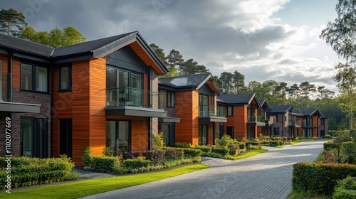 Wallpaper Mural Modern wooden houses line a serene pathway in a residential area surrounded by greenery Torontodigital.ca