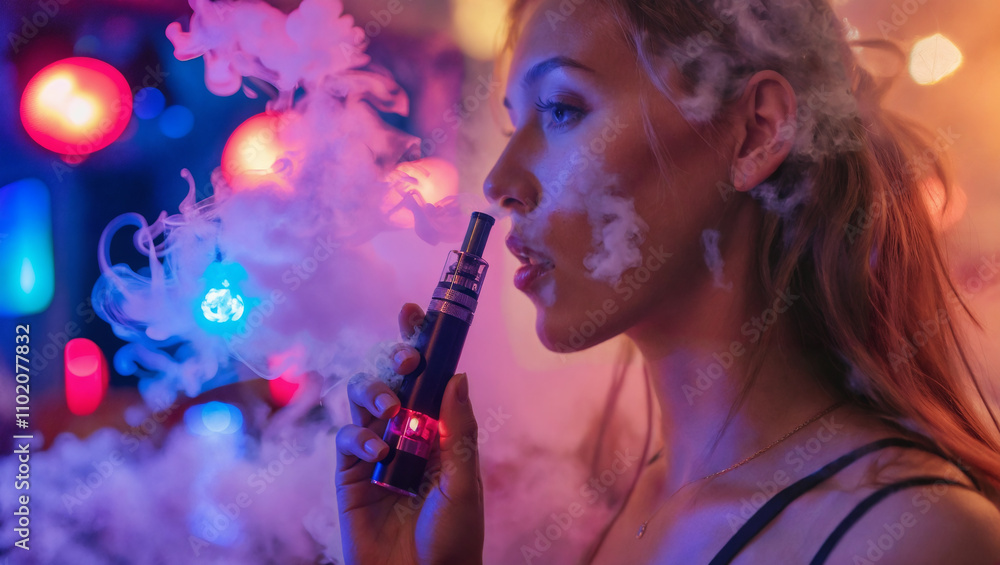 Woman exhaling smoke while vaping in a neon-lit environment Woman exhaling smoke while vaping in a neon-lit environment