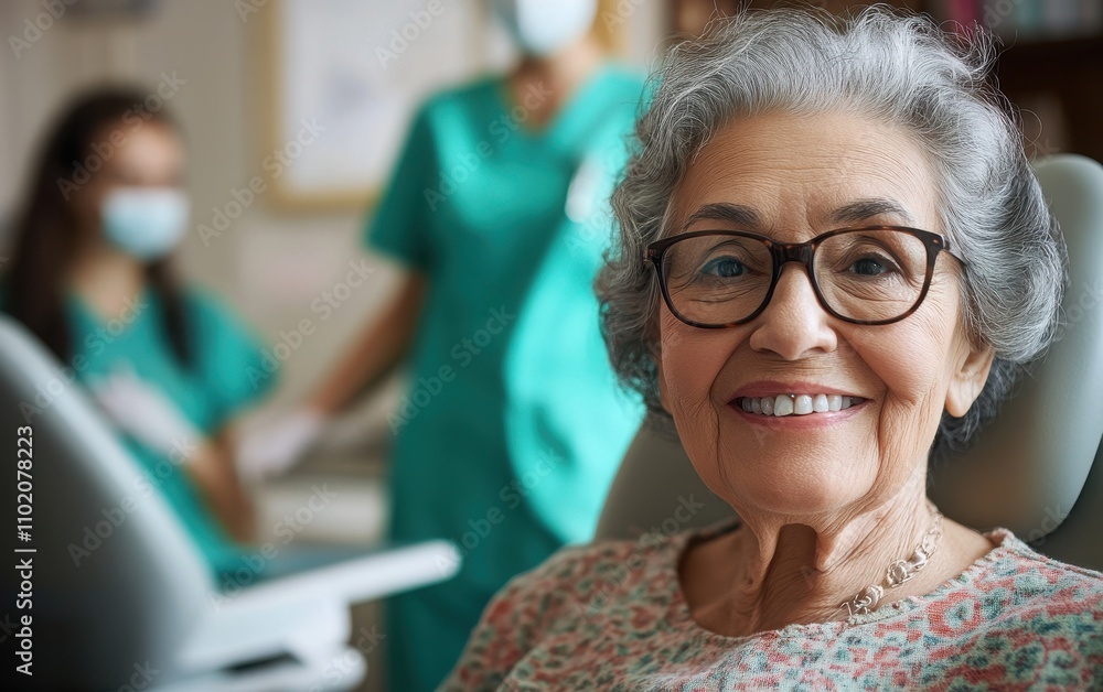 A high-quality photograph of an elderly woman in a dentist's chair, wearing glasses and smiling warmly at the camera. A high-quality photograph of an elderly woman in a dentist's chair, wearing glasses and smiling warmly at the camera.