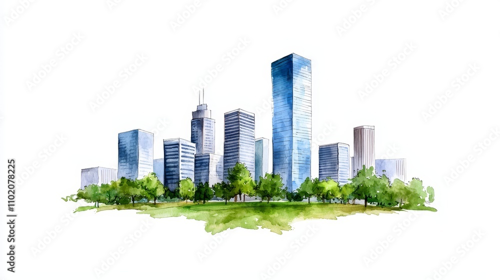 Fototapeta premium Tree-lined streets and green buildings symbolize sustainable urban design.