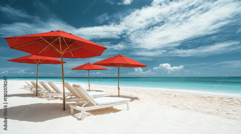 Tropical beach escape under red umbrellas on a sunny day Tropical beach escape under red umbrellas on a sunny day