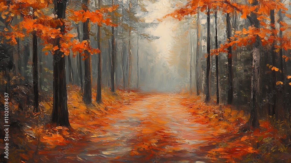 Fototapeta premium A serene autumn forest path with vibrant orange leaves and a misty atmosphere.