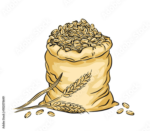 Hand drawn sack with wheat grains and ears vector illustration