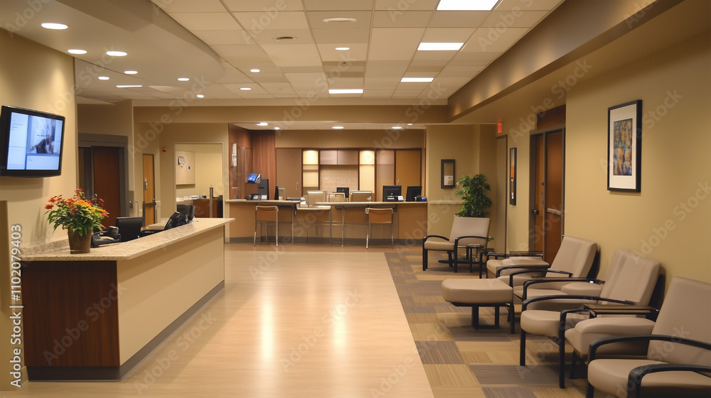 A hospital lobby with a reception desk and a few chairs A hospital lobby with a reception desk and a few chairs