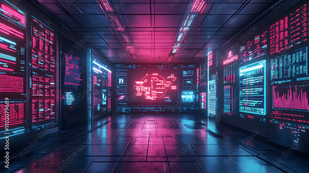 Futuristic data hub high-tech environment digital display cyberpunk aesthetic virtual space innovation overview Futuristic data hub high-tech environment digital display cyberpunk aesthetic virtual space innovation overview