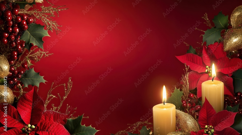 Elegant Red and Gold Christmas Frame with Poinsettias and Candles Elegant Red and Gold Christmas Frame with Poinsettias and Candles