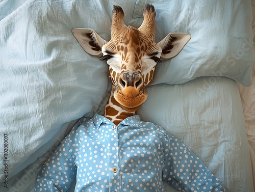 Cozy Giraffe in Polka Dot Pajamas Snuggled on Bed  Peaceful Animal Sleeping Concept with Copy Space