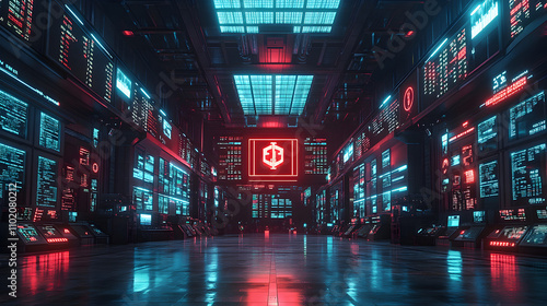 Futuristic control room cyberpunk city digital art neon environment immersive view high-tech concept
