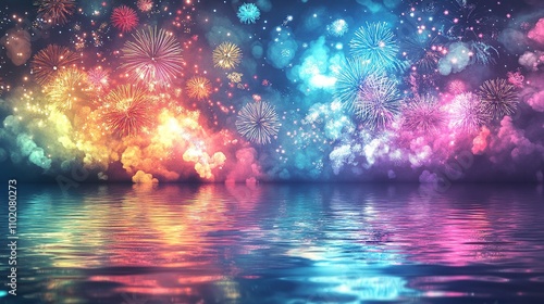 Vibrant New Year fireworks illuminating the night sky, colorful bursts reflecting over water, capturing the spirit of celebration