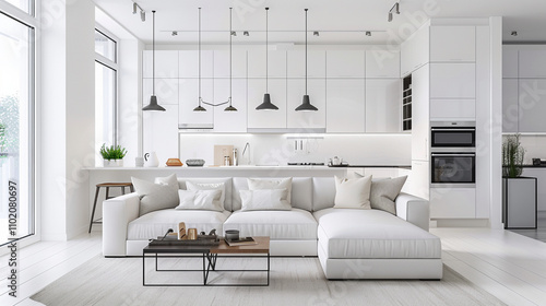 modern white living room with a kitchen