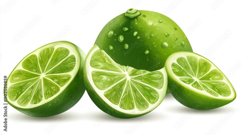 Green lime with cut in half and slices isolated on white background Green lime with cut in half and slices isolated on white background