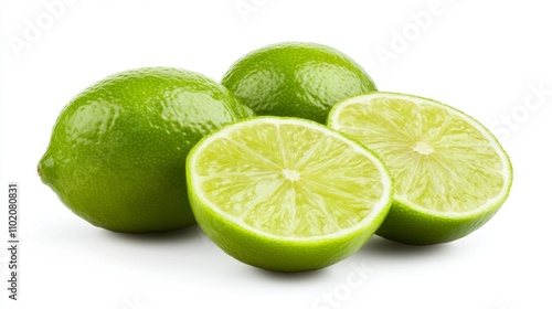 Green lime with cut in half and slices isolated on white background
