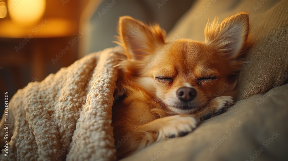 Adorable small chihuahua dog sleeping peacefully under a cozy blanket on a couch. Adorable small chihuahua dog sleeping peacefully under a cozy blanket on a couch.