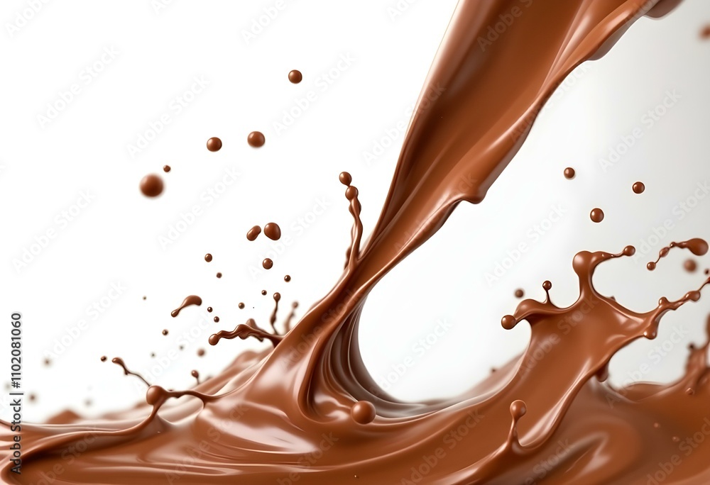 chocolate splash. Melted brown choco and milky waves with drops. Realistic chocolate splash. Melted brown choco and milky waves with drops. Realistic