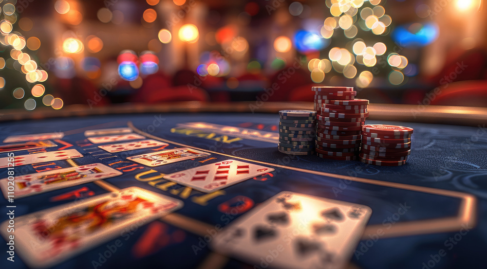 A closeup from a poker table with cards and chips in very perspective view with blurred background, in a casino with lots of lights. A closeup from a poker table with cards and chips in very perspective view with blurred background, in a casino with lots of lights.