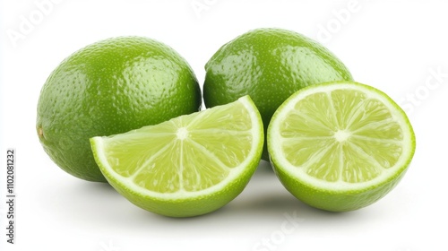 Green lime with cut in half and slices isolated on white background