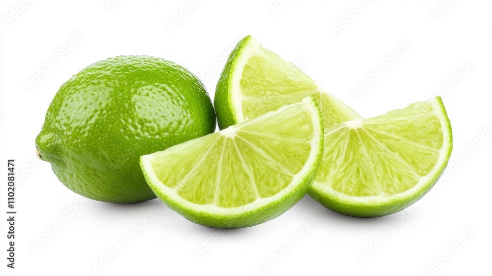 Green lime with cut in half and slices isolated on white background Green lime with cut in half and slices isolated on white background