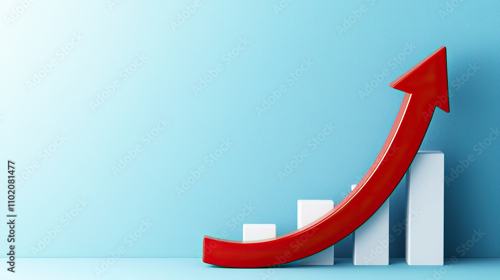 Red arrow rising over bar chart on blue background Red arrow rising over bar chart on blue background