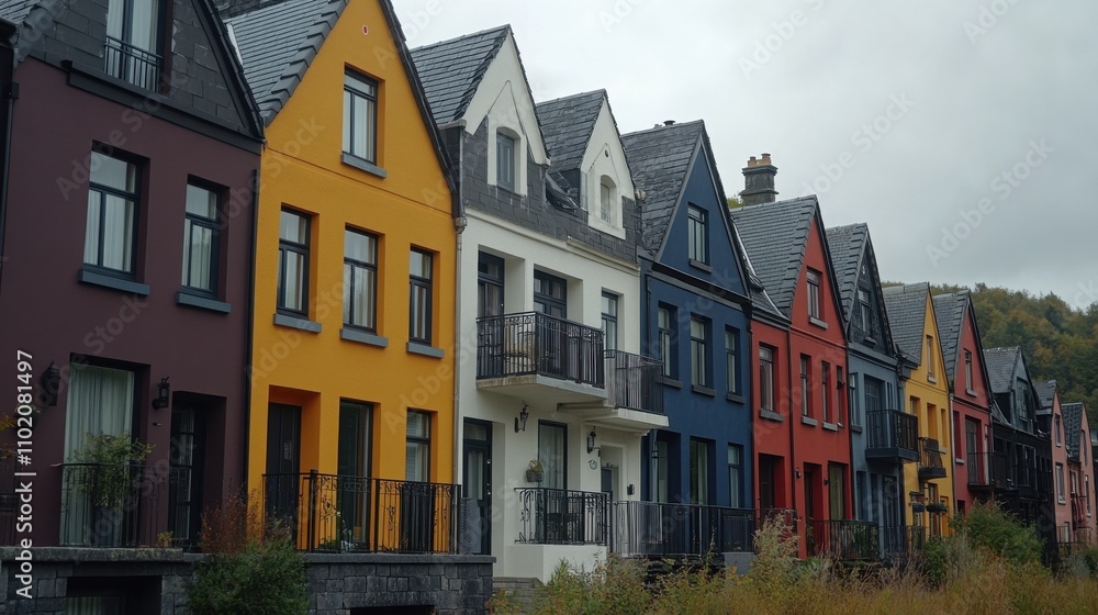 Fototapeta premium Colorful row houses in a quaint neighborhood under overcast skies near a forested area