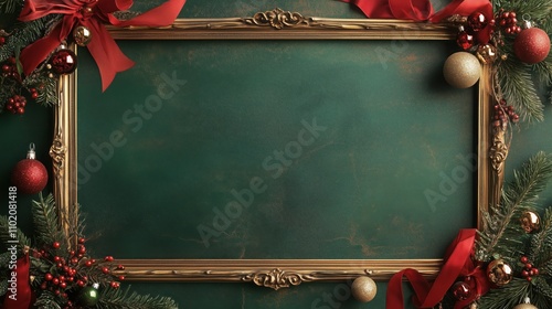 Vintage Christmas Picture Frame with Green and Red Ornaments
